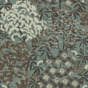 Casamance|Papier peint lin vert avec feuilles brodées|Papier Peint