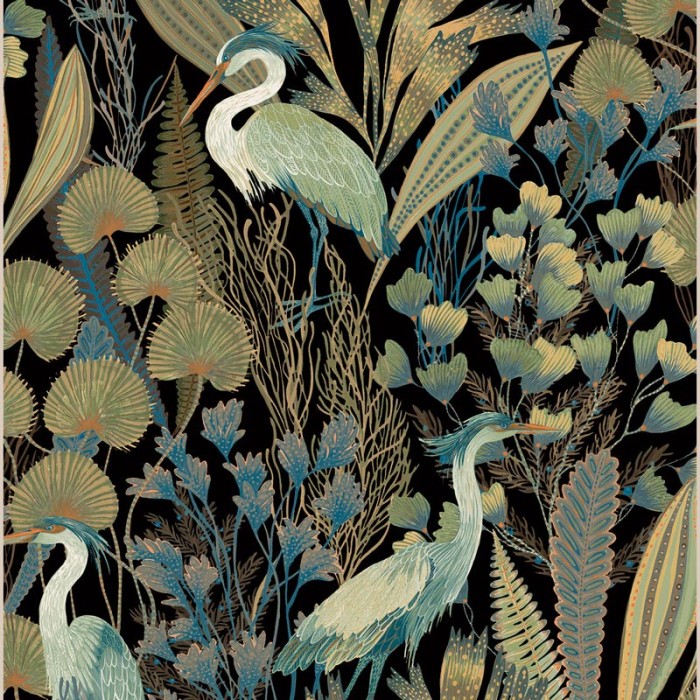 Papel pintado tropical con grullas negro multicolor - Grandeco Ciara A63201