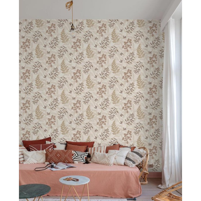 Papel pintado otoñal botánico hojas beige - Grandeco Ciara A63902