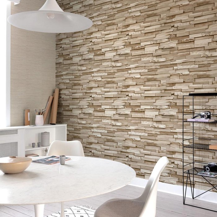 Grandeco|Papel pintado efecto madera 3D beige|Imitacion Madera