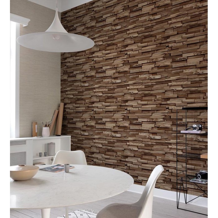 Grandeco|Papel pintado efecto madera 3D marrón oscuro|Imitacion Madera