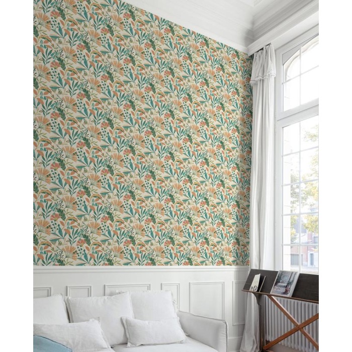 Grandeco|Papel pintado flores japonesas ginkgo turquesa|Oriental