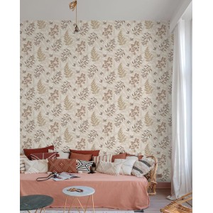 Caselio|Wallpaper with white and ochre leaf prints|Scandinavian 2
