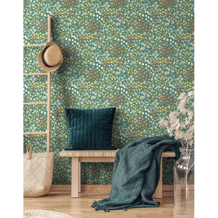 Grandeco|Wildblumen florale Tapete blau|Tapeten