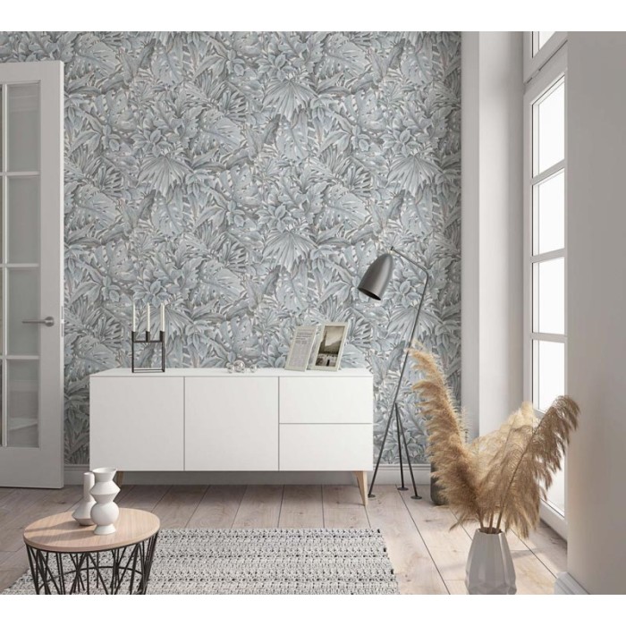 Marburg|Tapete mit großen tropisch blau-grauen Blättern|Tapeten