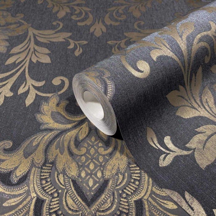 Marburg|Papel pintado damasco negro y dorado con ornamentos|Damasco
