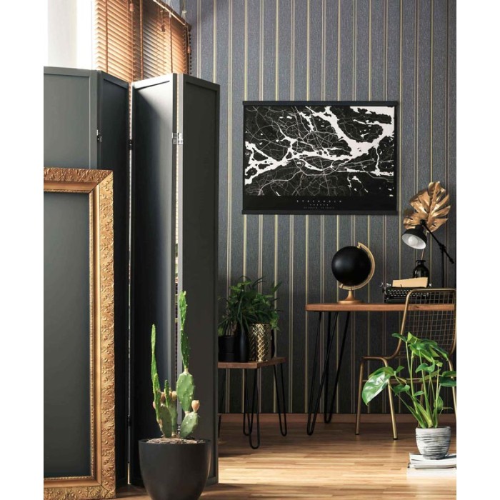 Marburg|Papel pintado rayas negro y dorado con líneas metalizadas|Rayas