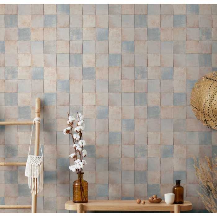 Marburg|Tapetenimitation in Blau und Beige Fliese|Fliesenimitat