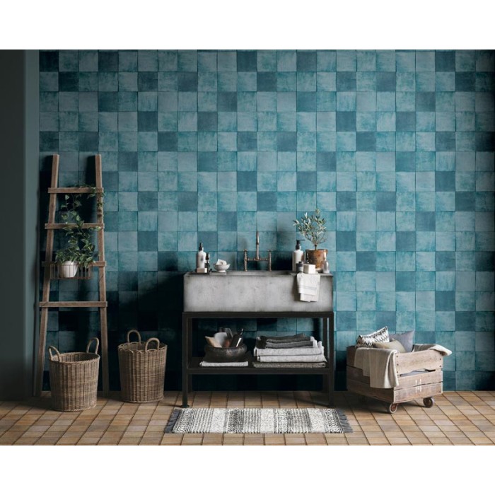 Marburg|Papel pintado imitación azulejo azul y turquesa|Imitacion Azulejos