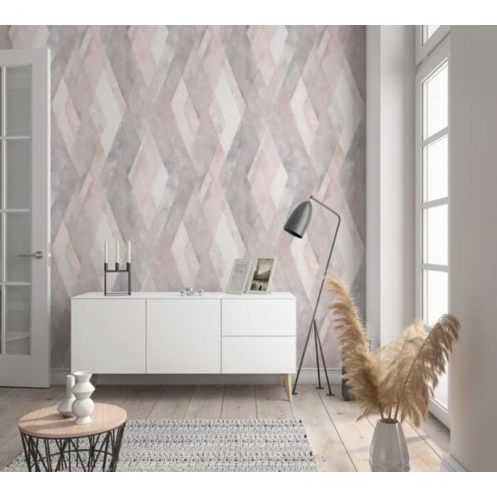Papel pintado rombos rosa y gris efecto acuarela - Marburg Shades 32449