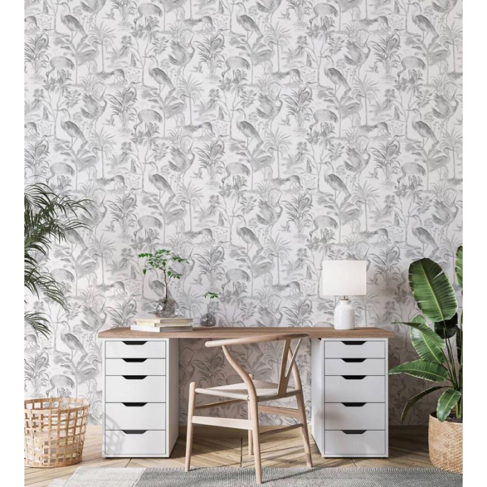 Marburg|Papel pintado tropical flores con garzas gris|Papel Pintado