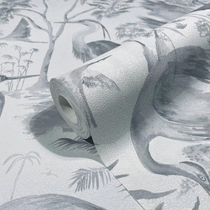 Marburg|Papel pintado tropical flores con garzas gris|Papel Pintado