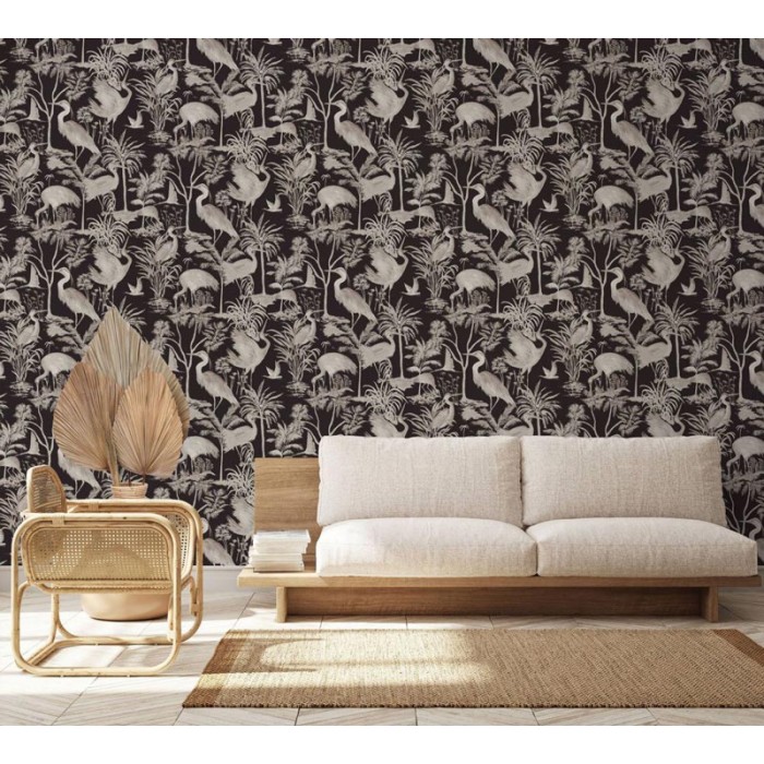 Marburg|Papel pintado con garzas negro floral tropical|Tropical