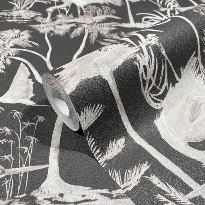 Marburg|Tapete mit tropischen Blumen und schwarzen Reihern|Tropische