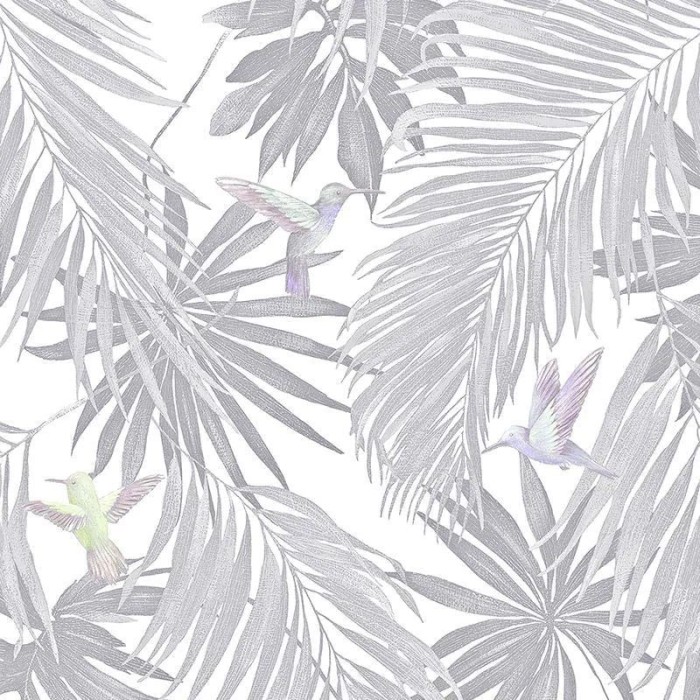 Marburg|Papel pintado hojas exóticas y colibries gris y violeta|Papel Pintado