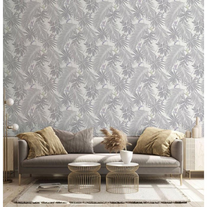 Marburg|Papier Peint feuilles exotiques et colibris gris et violet|Papier Peint