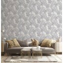 Marburg|Wallpaper exotic leaves and hummingbirds in gray and violet|Wallpaper