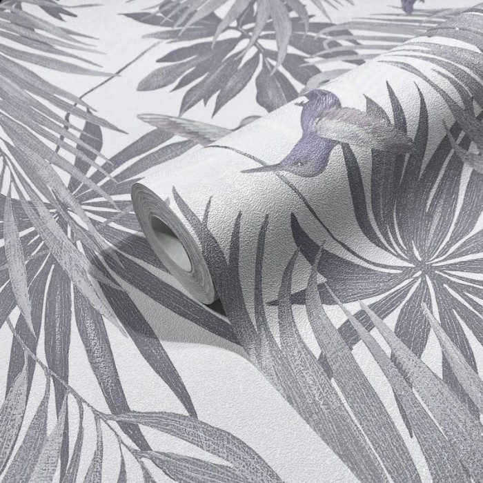 Marburg|Wallpaper exotic leaves and hummingbirds in gray and violet|Wallpaper