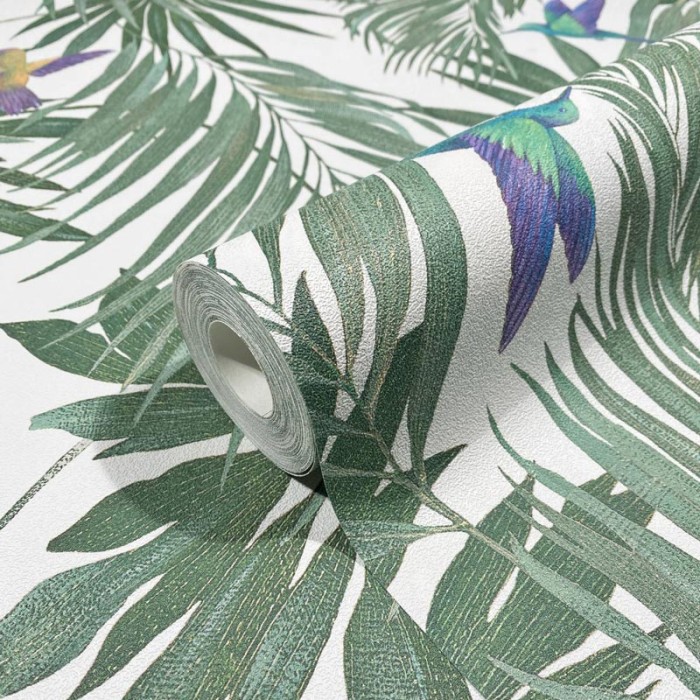 Marburg|Papel pintado hojas exóticas y colibries verde|Tropical