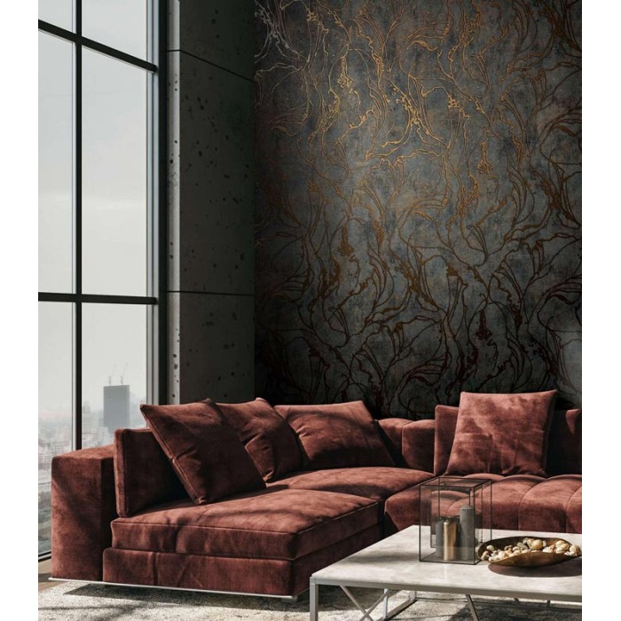 Marburg|Contemporary abstract wallpaper in black and metallic copper|Concrete Imitation