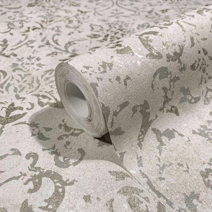 Marburg|Papel pintado demasco ornamental greige y dorado|Damasco