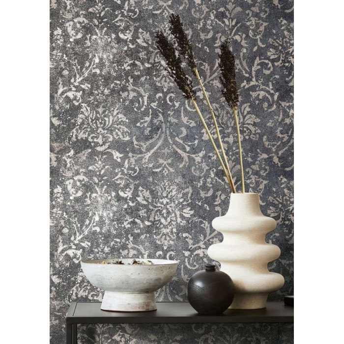 Marburg|Tapete ornamental schwarz und silber Damast|Damast