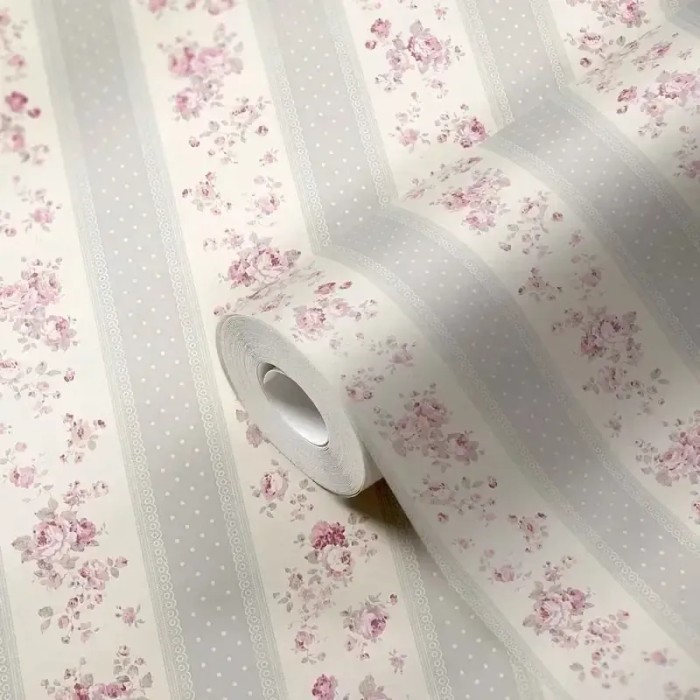 As Creation|Wallpaper stripes and small romantic pink flowers|Romantic