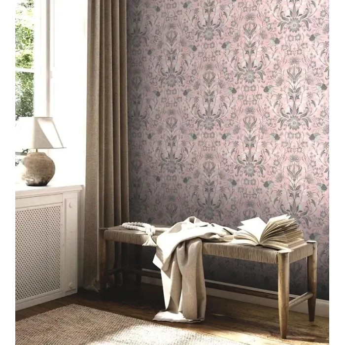 As Creation|Papier Peint fleurs et oiseaux rose pastel, gris|Romantique