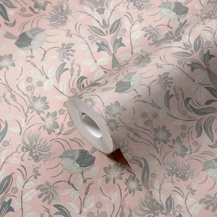 As Creation|Papier Peint fleurs et oiseaux rose pastel, gris|Romantique