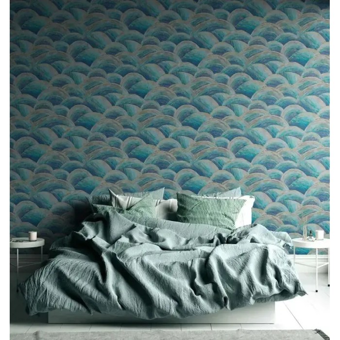 As Creation|Papier Peint forme de vagues bleues, vertes et dorées|Abstrait