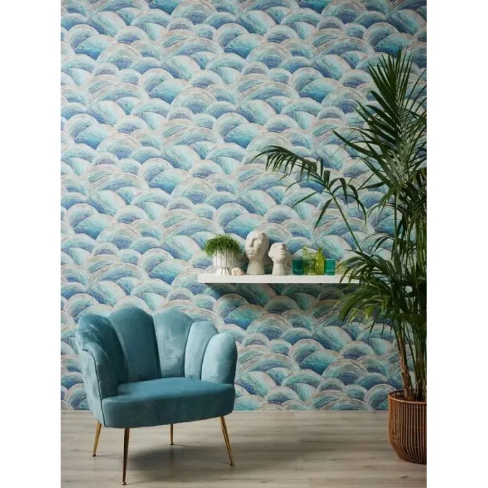 As Creation|Papel pintado forma de olas azul, verde y dorado|Abstracto