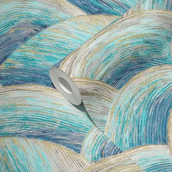 As Creation|Tapete Wellenform in Blau, Grün und Gold|Abstrakt