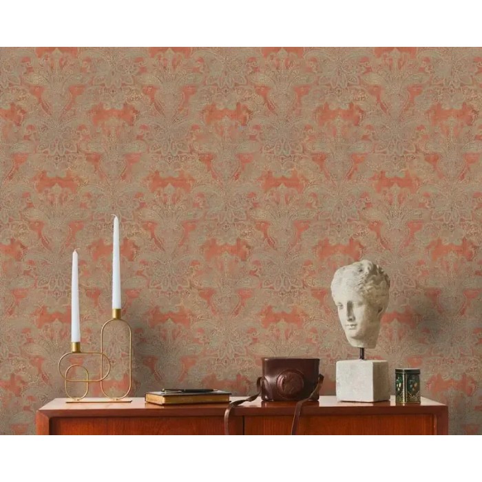 As Creation|Wallpaper in orange and rust arabesque damask style|Damask