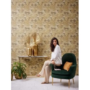 Papeldecor|Papier peint style baroque rouge avec plumes dorées|Papier Peint 2