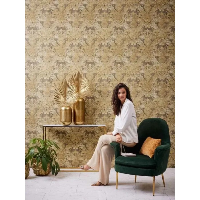 As Creation|Wallpaper arabesque damask style in brown and ochre|Damask