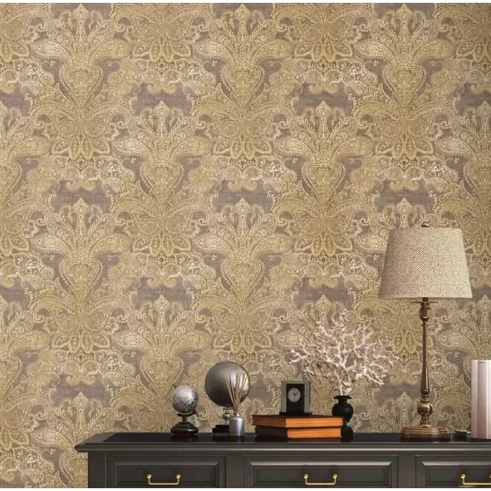 As Creation|Wallpaper arabesque damask style in brown and ochre|Damask