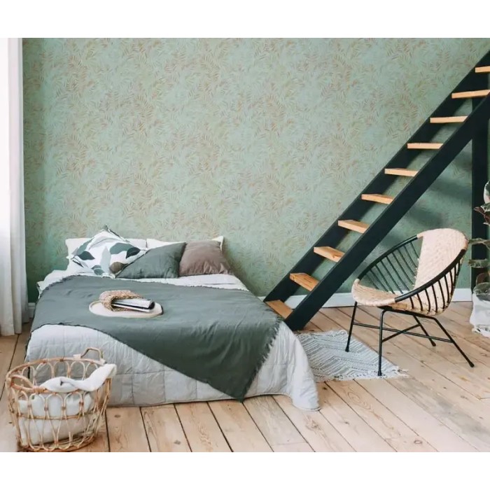 As Creation|Papier Peint fougères style nordique turquoise et doré|Scandinave