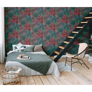 Casamance|Papel pintado lino marrón y rojo con hojas bordadas|Papel Pintado 2