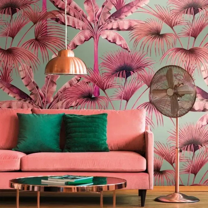 As Creation|Wallpaper tropical style green and pink palm trees|Wallpaper