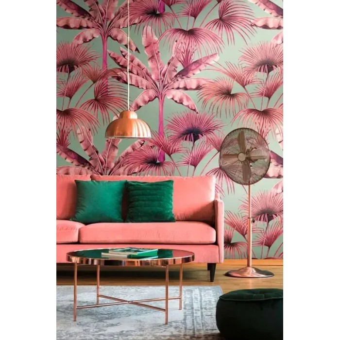 As Creation|Papier Peint palmiers style tropical vert et rose|Papier Peint