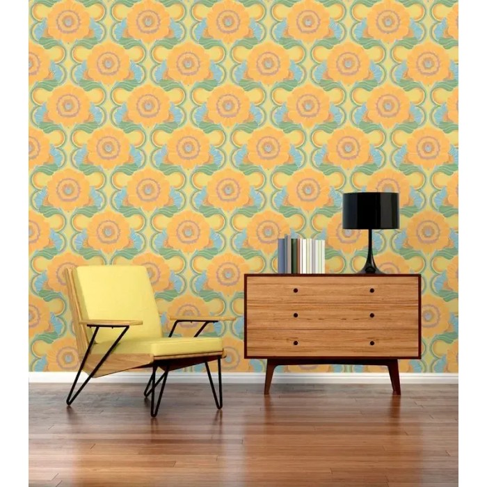 As Creation|Yellow retro-style hippie floral wallpaper|Retro