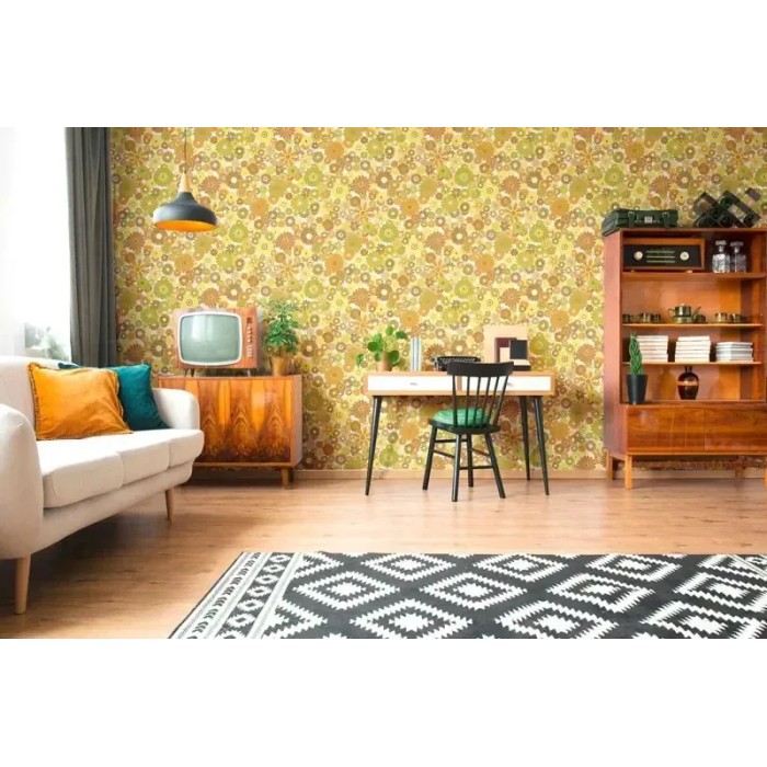 As Creation|Tapete Hippie-Blumen derer Jahre in Gelb|Retro