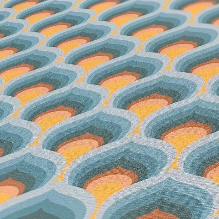 As Creation|Papel pintado pluma pavo estilo retro azul, amarillo|Retro