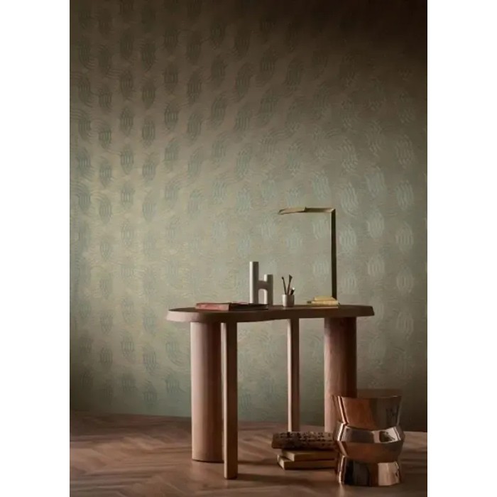 Casamance|Papel pintado patrón entrelazado verde y dorado metalizado|Alta Gama