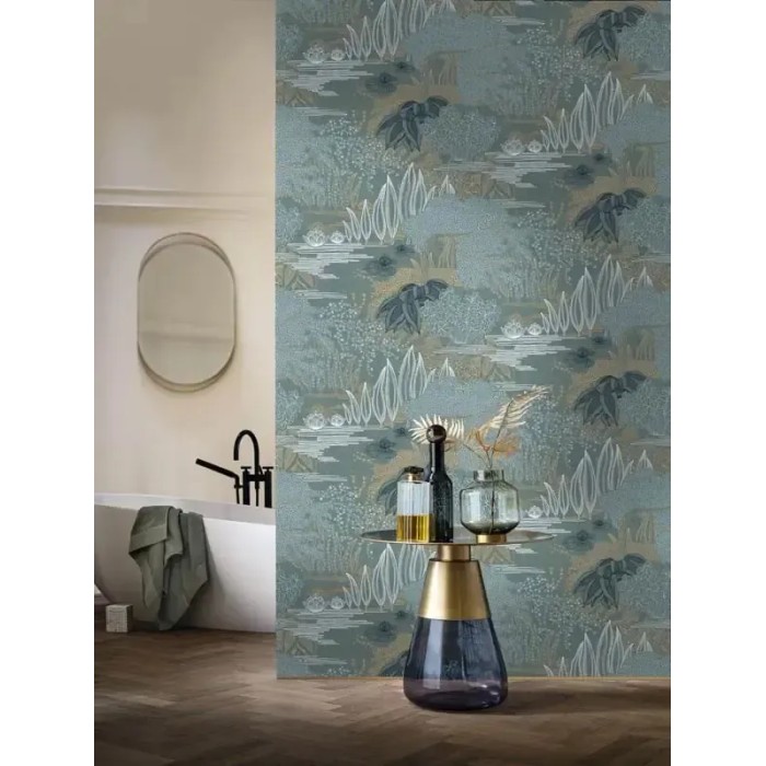 Papel pintado floral japonés jazmines y lirios verde turquesa - Casamance Square Jasmin 75680202