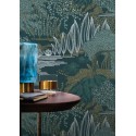 Casamance|Papel pintado floral japonés jazmines y lirios verde azul dorado|Alta Gama