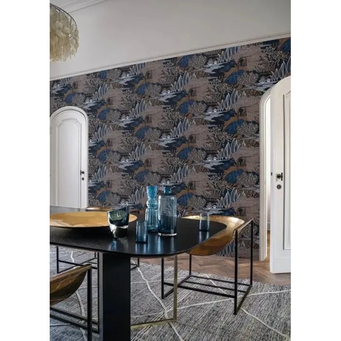 Casamance|Japanische florale Tapete Jasmin und Lilien blau-kupfer|Hochwertige