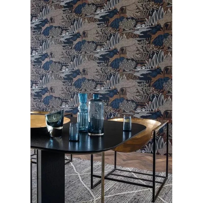 Casamance|Japanische florale Tapete Jasmin und Lilien blau-kupfer|Hochwertige