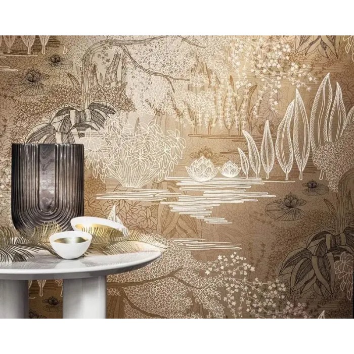 Casamance|Japanische florale Tapete Jasmin und Lilien metallisch|Hochwertige
