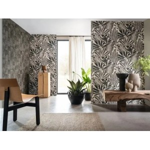 Casamance|Papier peint mosaïque feuilles exotiques effet bois beige|Imitation Bois 2